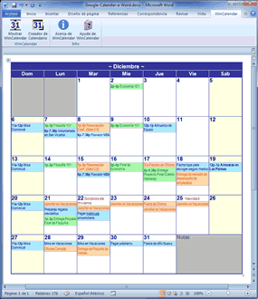 Palabra Calendario mensual con datos de importacion