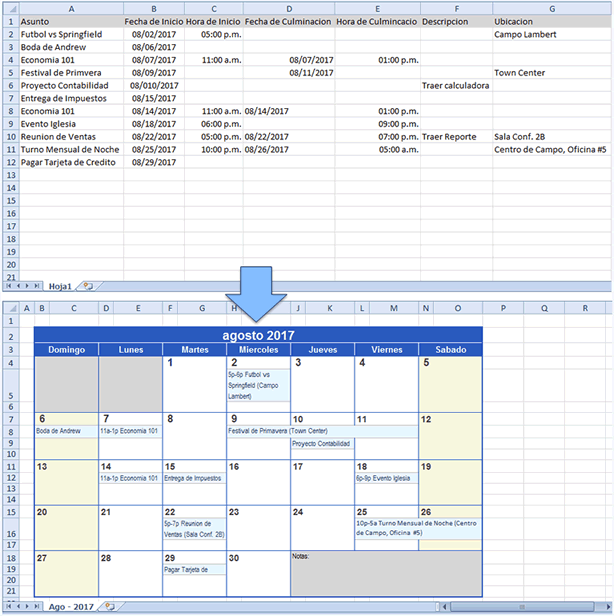 Crear un calendario a partir de datos de Excel