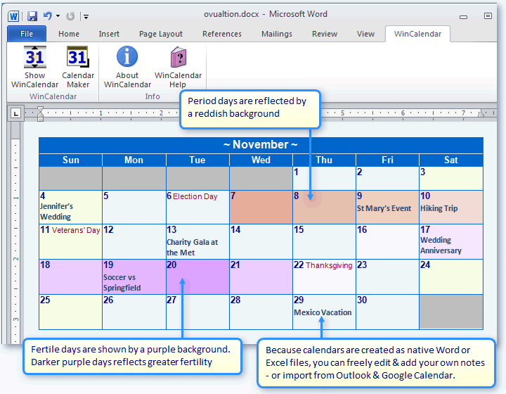 Ovulation and fertility Calendar in Word