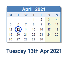 13 April 2021 calendar