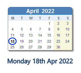 18 April 2022 calendar