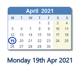 19 April 2021 calendar