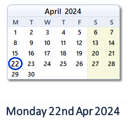 22 April 2024 calendar