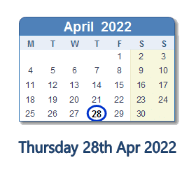 28 April 2022 calendar