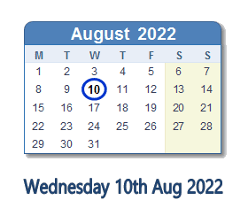 10 August 2022 calendar