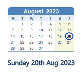 20 August 2023 calendar