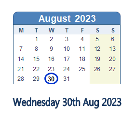 30 August 2023 calendar