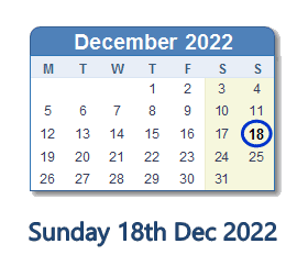 18 December 2022 calendar