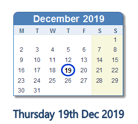 19 December 2019 calendar