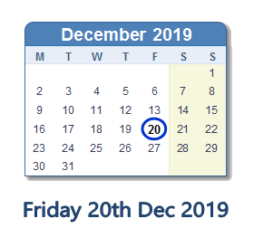 20 December 2019 calendar