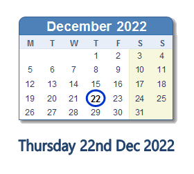 22 December 2022 calendar