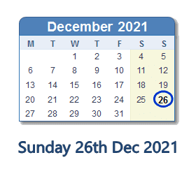 26 December 2021 calendar