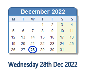 28 December 2022 calendar