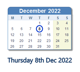 8 December 2022 calendar