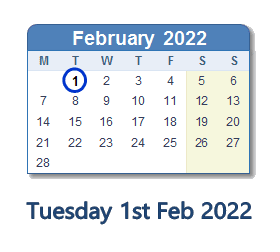 1 February 2022 calendar