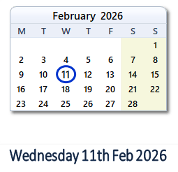 11 February 2026 calendar
