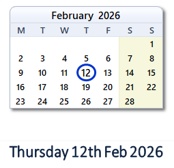12 February 2026 calendar