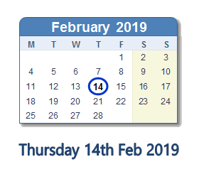 14 February 2019 calendar