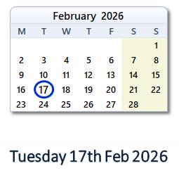 17 February 2026 calendar