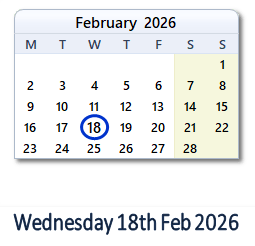 18 February 2026 calendar