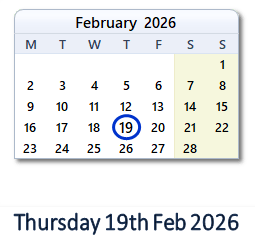 19 February 2026 calendar