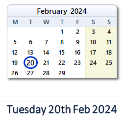 20 February 2024 calendar