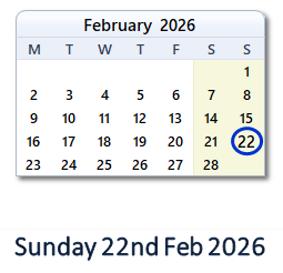 22 February 2026 calendar