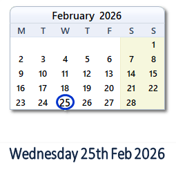 25 February 2026 calendar