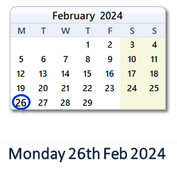 26 February 2024 calendar