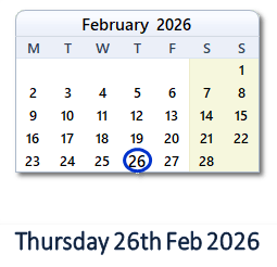 26 February 2026 calendar