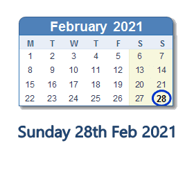 28 February 2021 calendar