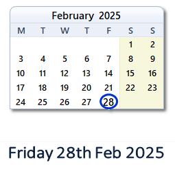 28 February 2025 calendar