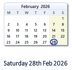 28 February 2026 calendar