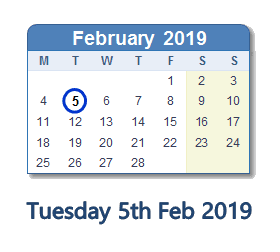 5 February 2019 calendar