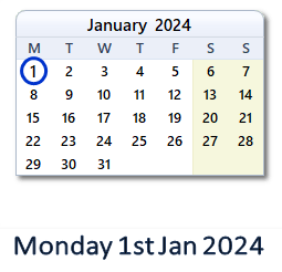 1 January 2024 calendar
