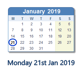 21 January 2019 calendar