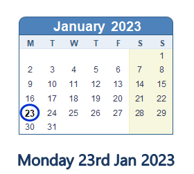 23 January 2023 calendar