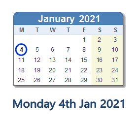4 January 2021 calendar