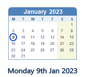 9 January 2023 calendar