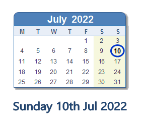 10 July 2022 calendar