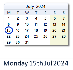 15 July 2024 calendar