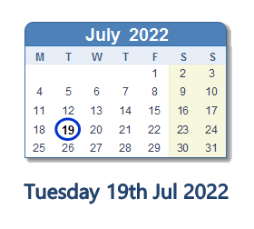 19 July 2022 calendar