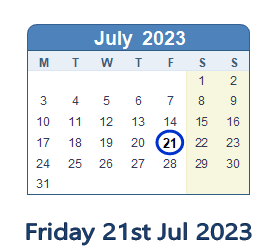 21 July 2023 calendar