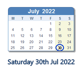 30 July 2022 calendar