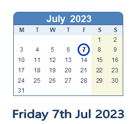 7 July 2023 calendar