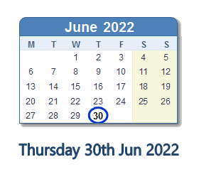30 June 2022 calendar