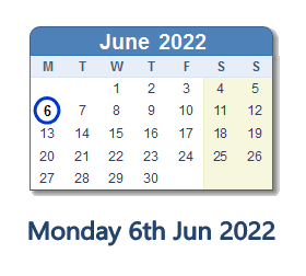 6 June 2022 calendar