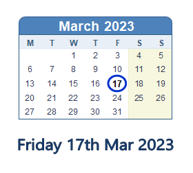 17 March 2023 calendar