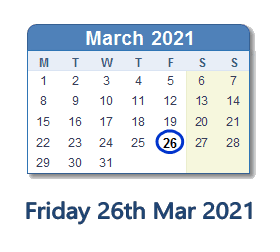 26 March 2021 calendar