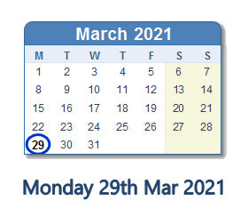 29 March 2021 calendar